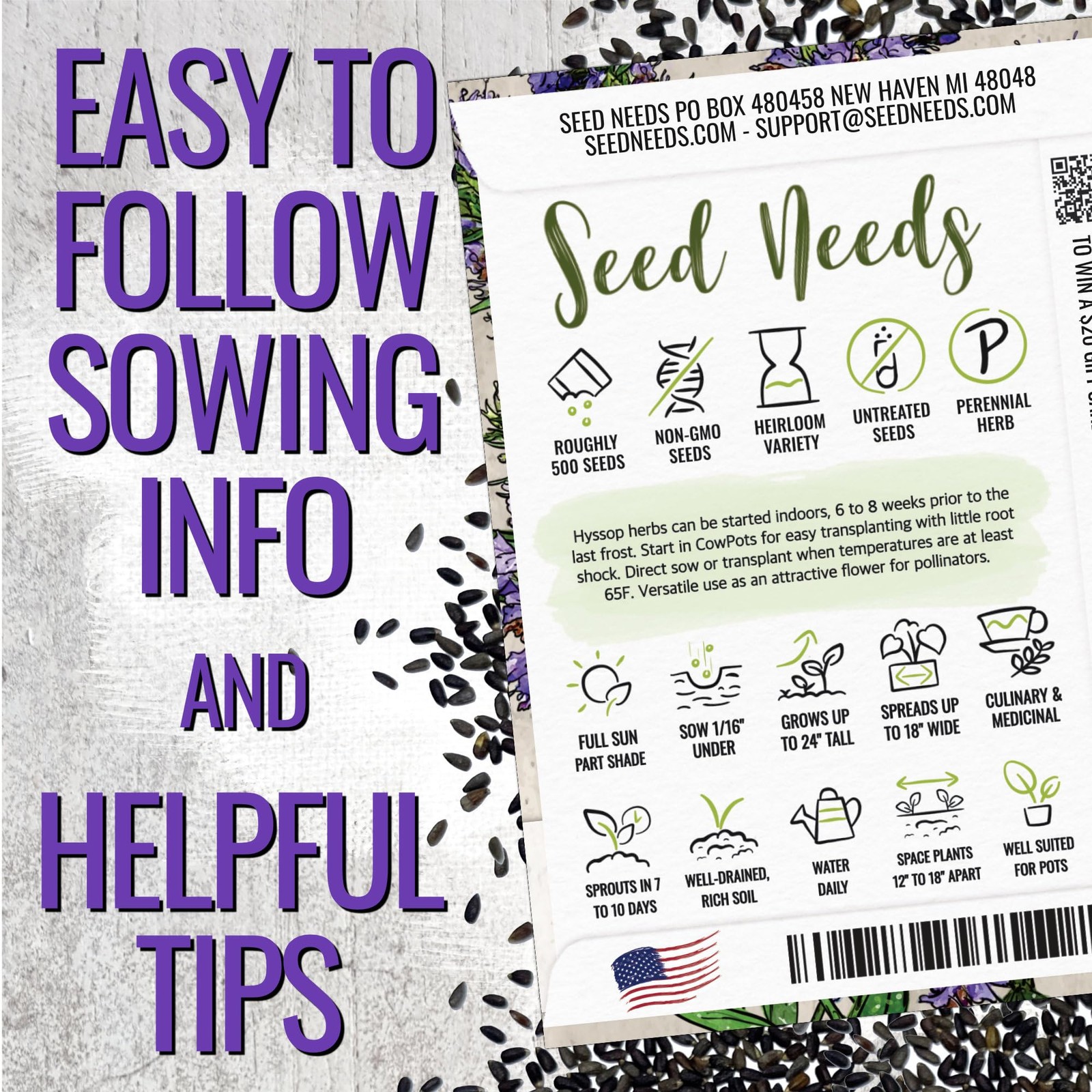 Hyssop Seeds for Planting – Non-GMO Heirloom Blue Hyssop for Medicinal Gardens