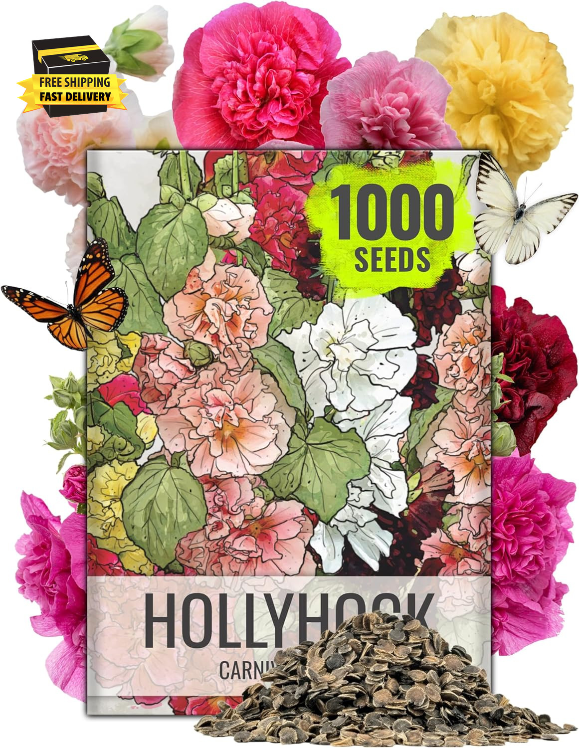 Hollyhock Seeds Mixed Carnival | 1,000+ Heirloom Flower Seeds Alcea Rosea | Bien
