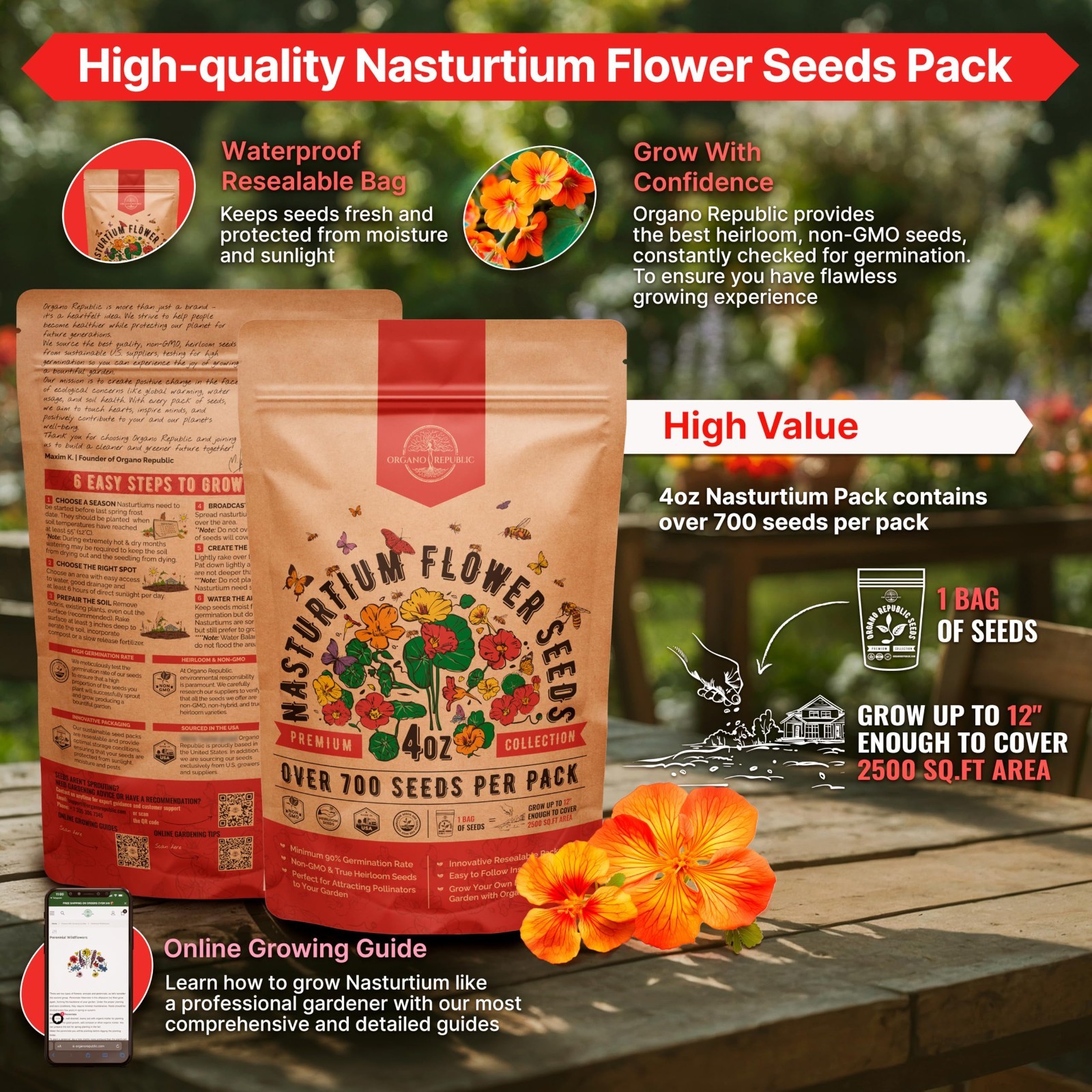 Nasturtium Seeds 4oz – 700+ Non-GMO Heirloom Edible Flower Seeds for Home Garden