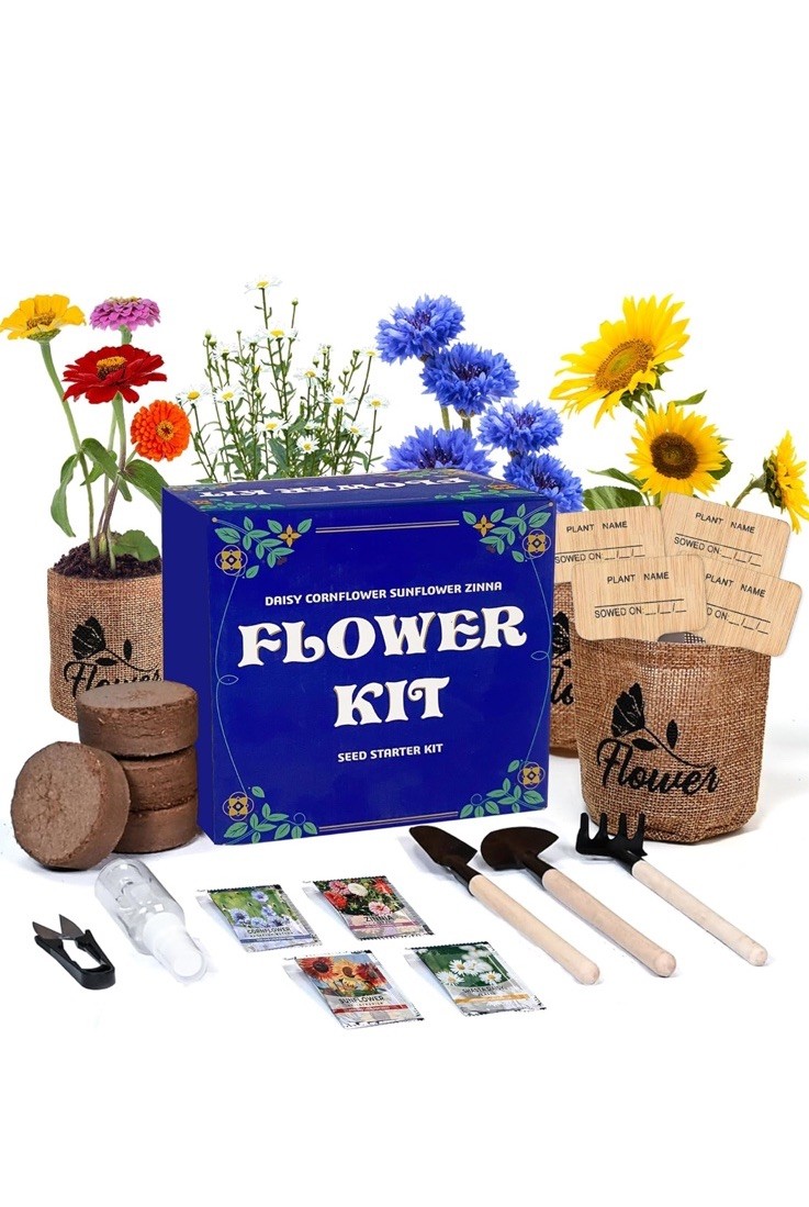 Seed Starter Kit Daisy Cornflower Sunflower Zinnia with Soil Pots Tools Markers