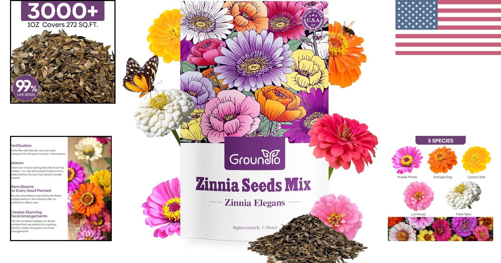 Gorgeous Zinnia Seeds Mix – 5 Color Varieties, High Germination Rate (1 Oz)