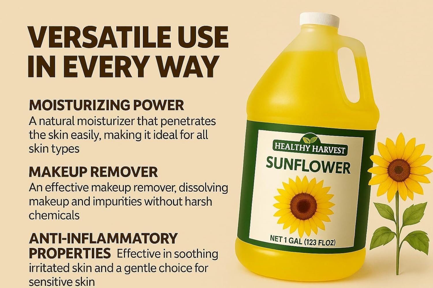 Healthy Cooking Oil – Non-GMO Sunflower Oil with Omega-3 & Vitamin E – 1 Gallon