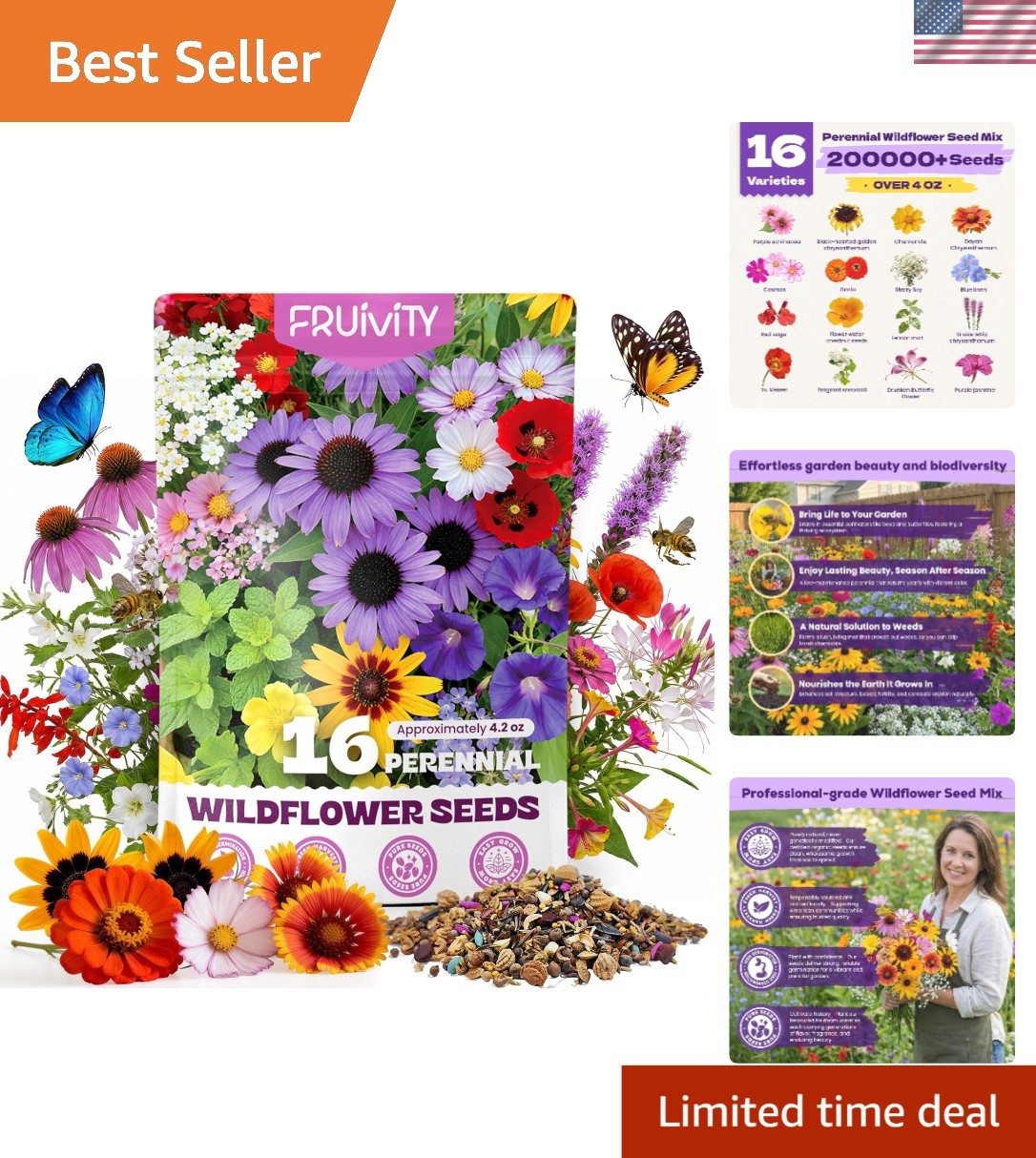 200,000+ Wildflower Seeds Bulk 4oz – 16 Varieties Perennial & Annual Mix, Att…
