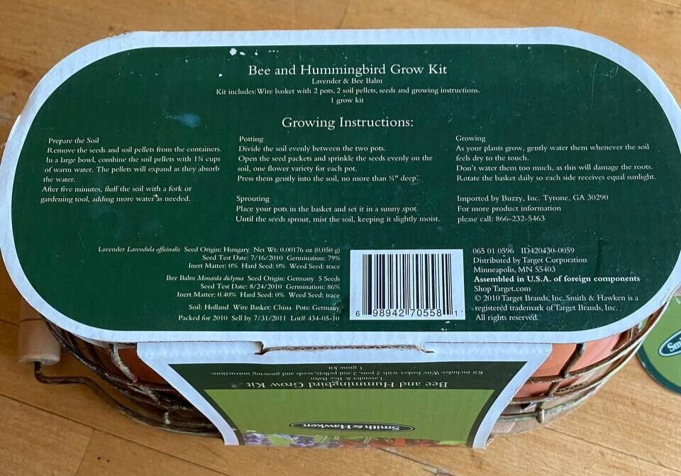 Smith & Hawken Grow Kit Lavender & Bee Balm Wire Basket 2 Pots Seeds 2 Soil Pell