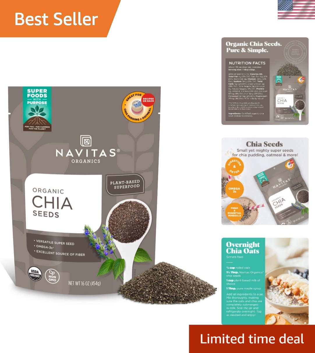 USDA Organic Chia Seeds – 16oz Superfood for Smoothies, Puddings & Baking