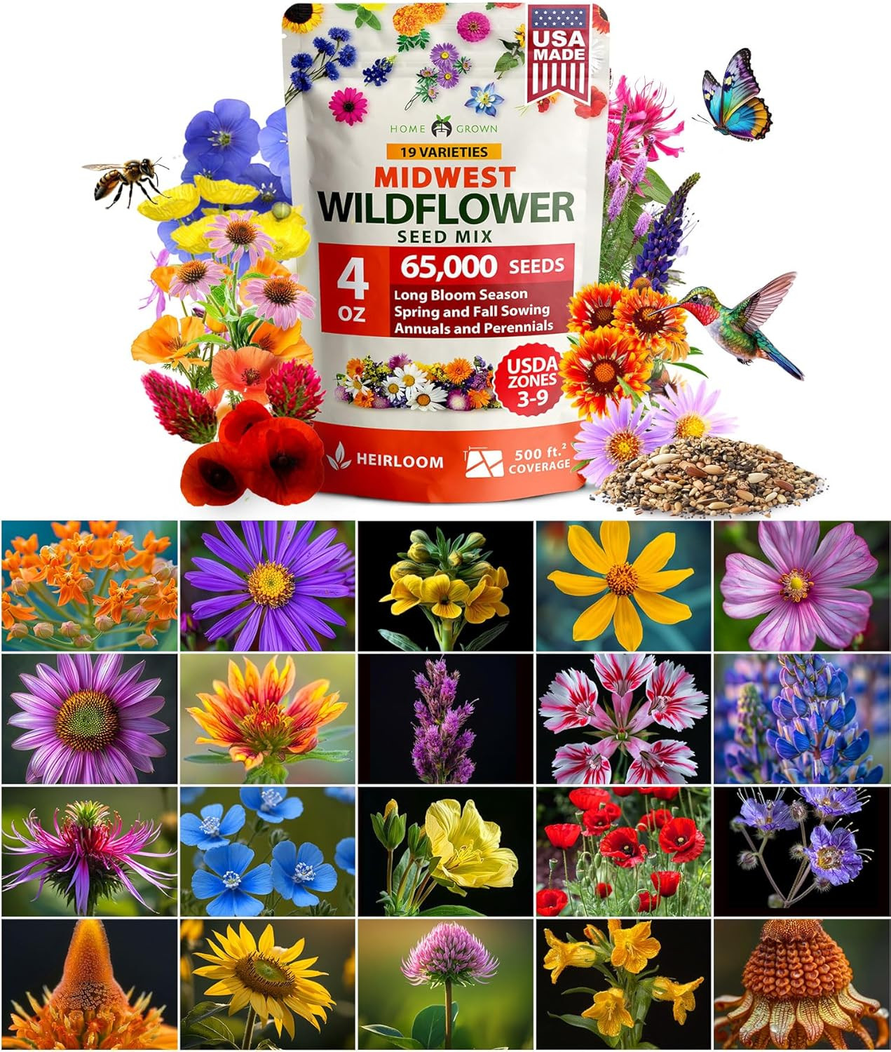 Midwest Wildflower Seeds Mix | 65,000+ Heirloom Perennial Flower Seed for Attrac