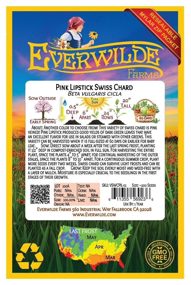200 Pink Lipstick Swiss Chard Seeds – Everwilde Farms Mylar Seed Packet