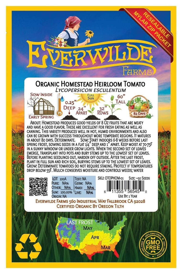 50 Organic Homestead Heirloom Tomato Seeds – Everwilde Farms Mylar Seed Packet