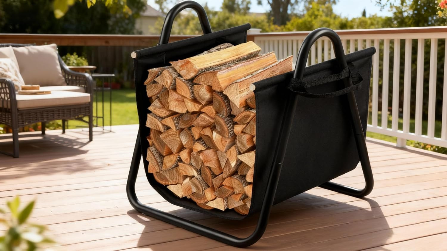 Fireplace Log Holder with Canvas Firewood Rack Indoor Tote Carrier Metal Wood Ra