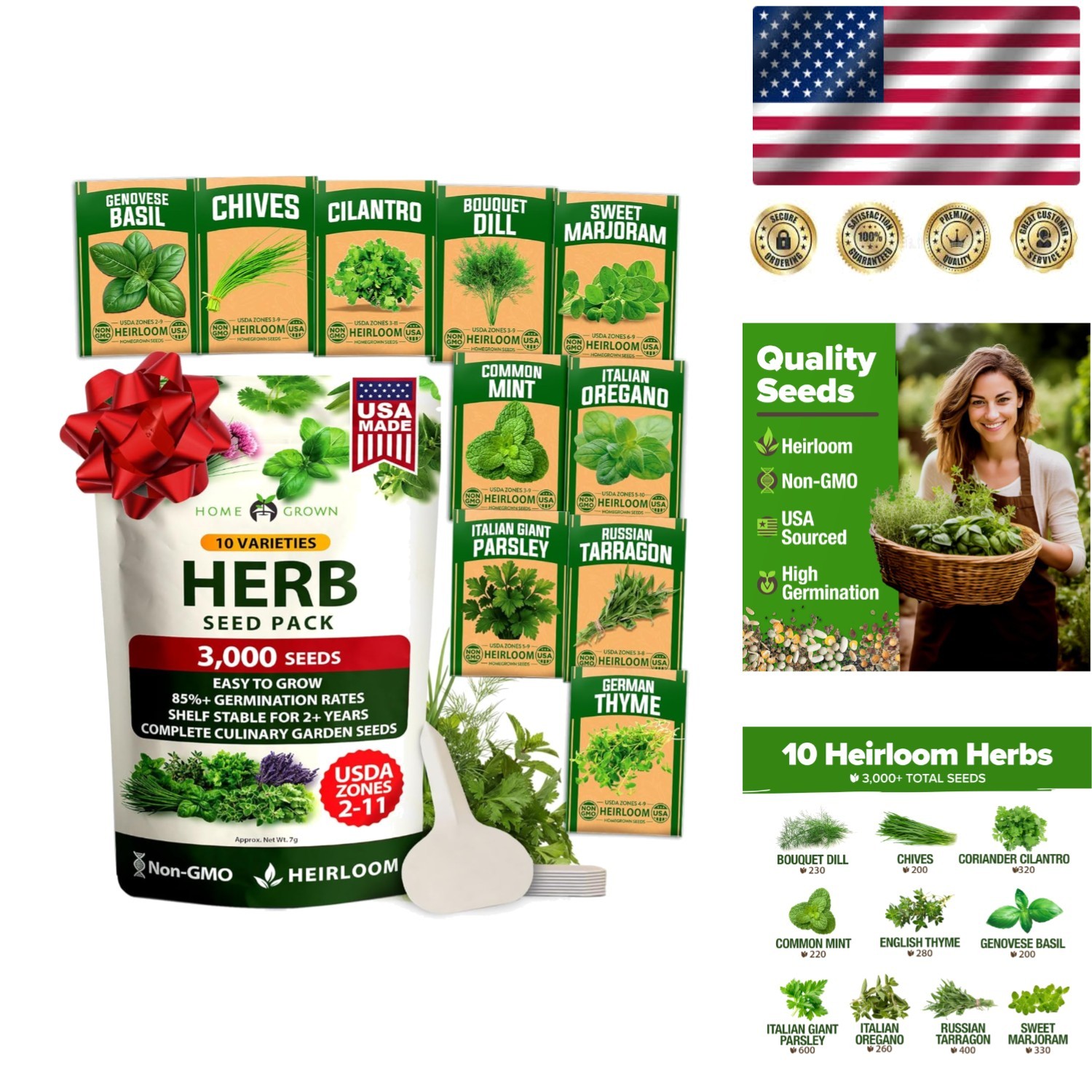 Extra Large Variety Pack of 10 Fragrant Herb Seeds for Indoor/Outdoor Gardens