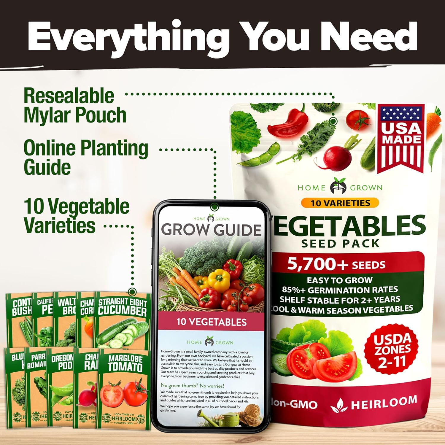 HOME GROWN 10 Variety Survival Seed Vault 5,700+ USA Grown Heirloom Non-Gmo Vege
