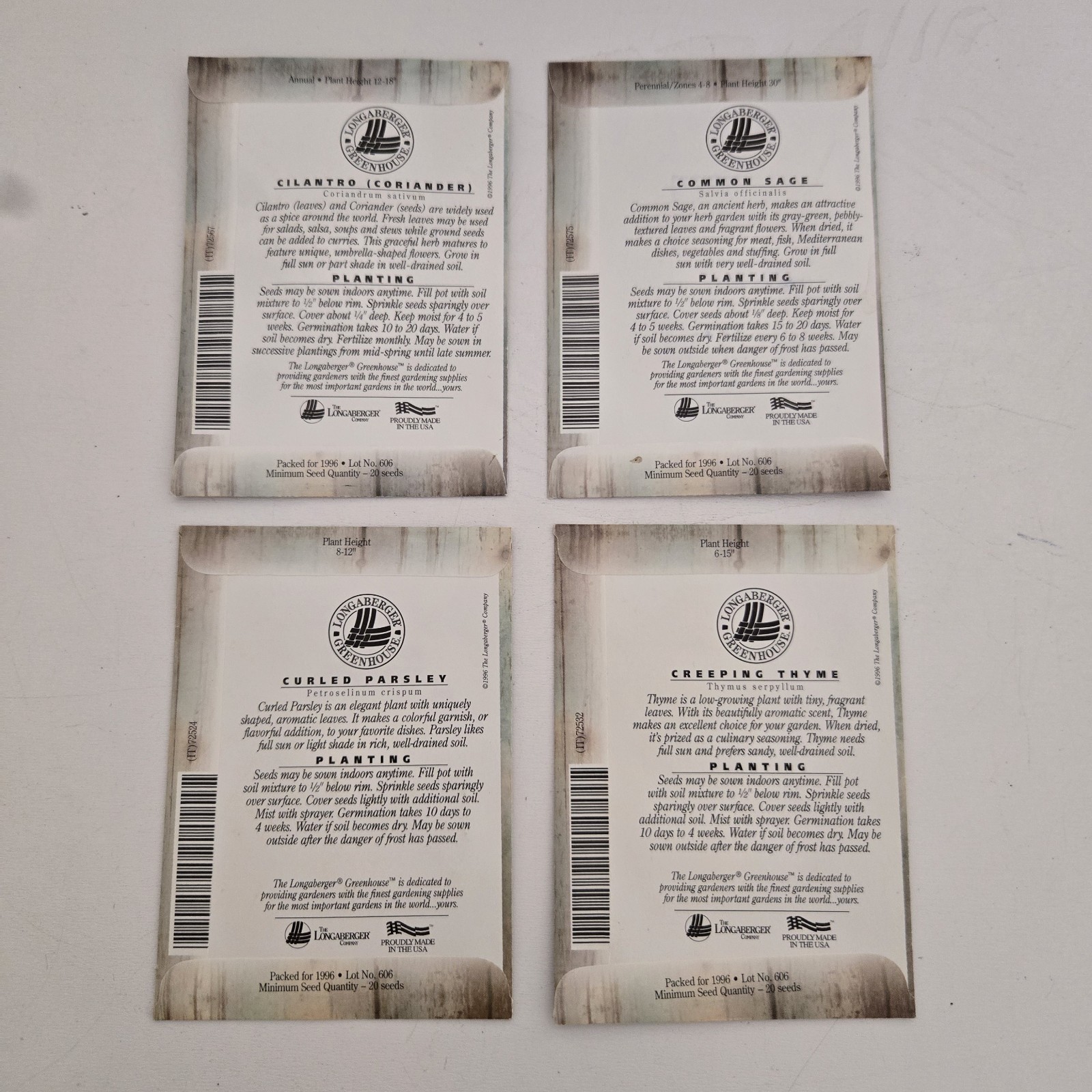 4pc LONGABERGER GREENHOUSE Seed Packets Cilantro Sage Thyme Parsley 1996 NEW