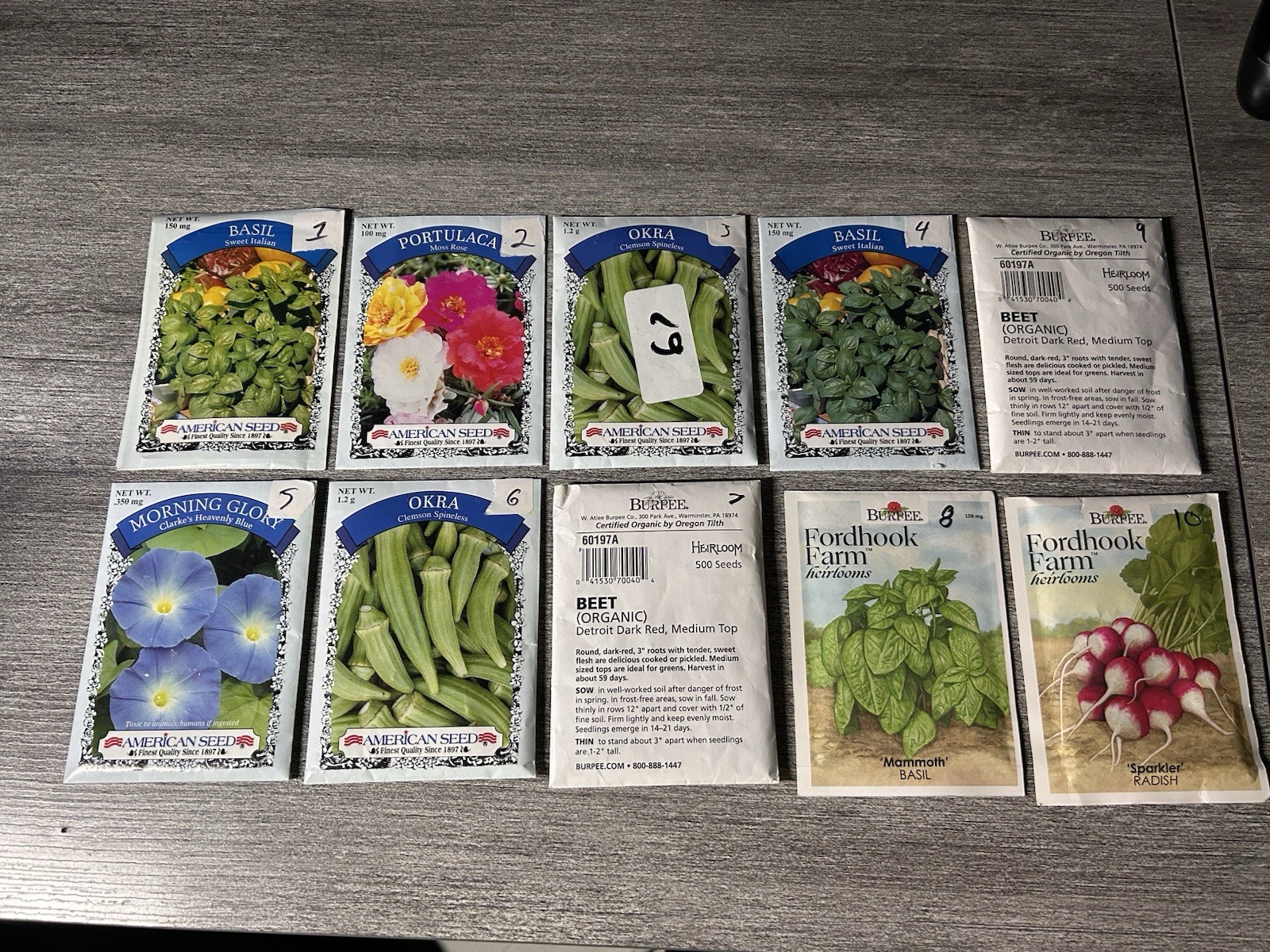 10 Packs Of Seeds Basil, Moss rose, Clarkes Blue, Clemson, Beet, Mammoth, Radish