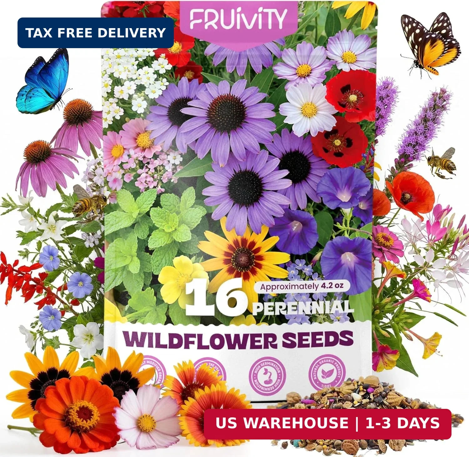200,000+ Wildflower Seeds Bulk (4oz) – 16 Varieties Perennial & Annual Mix, Non-