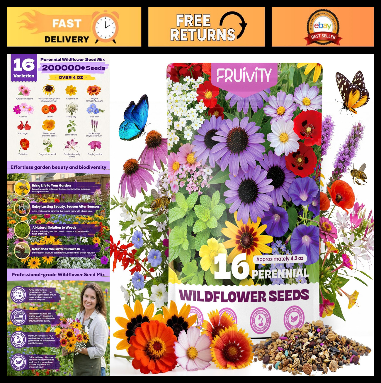 200,000+ Wildflower Seeds Bulk – 16 Varieties Perennial & Annual Mix, Attract Po
