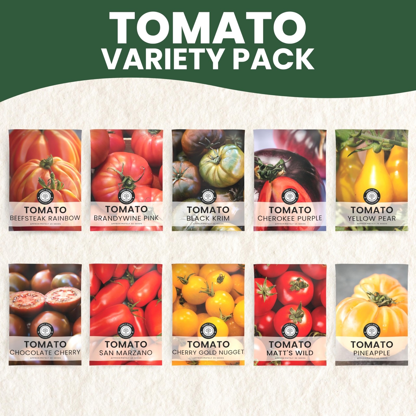 Tomato Seeds | 10 Individual Packs | 2026 Season | NonGMO | Roma, Brandywine,…