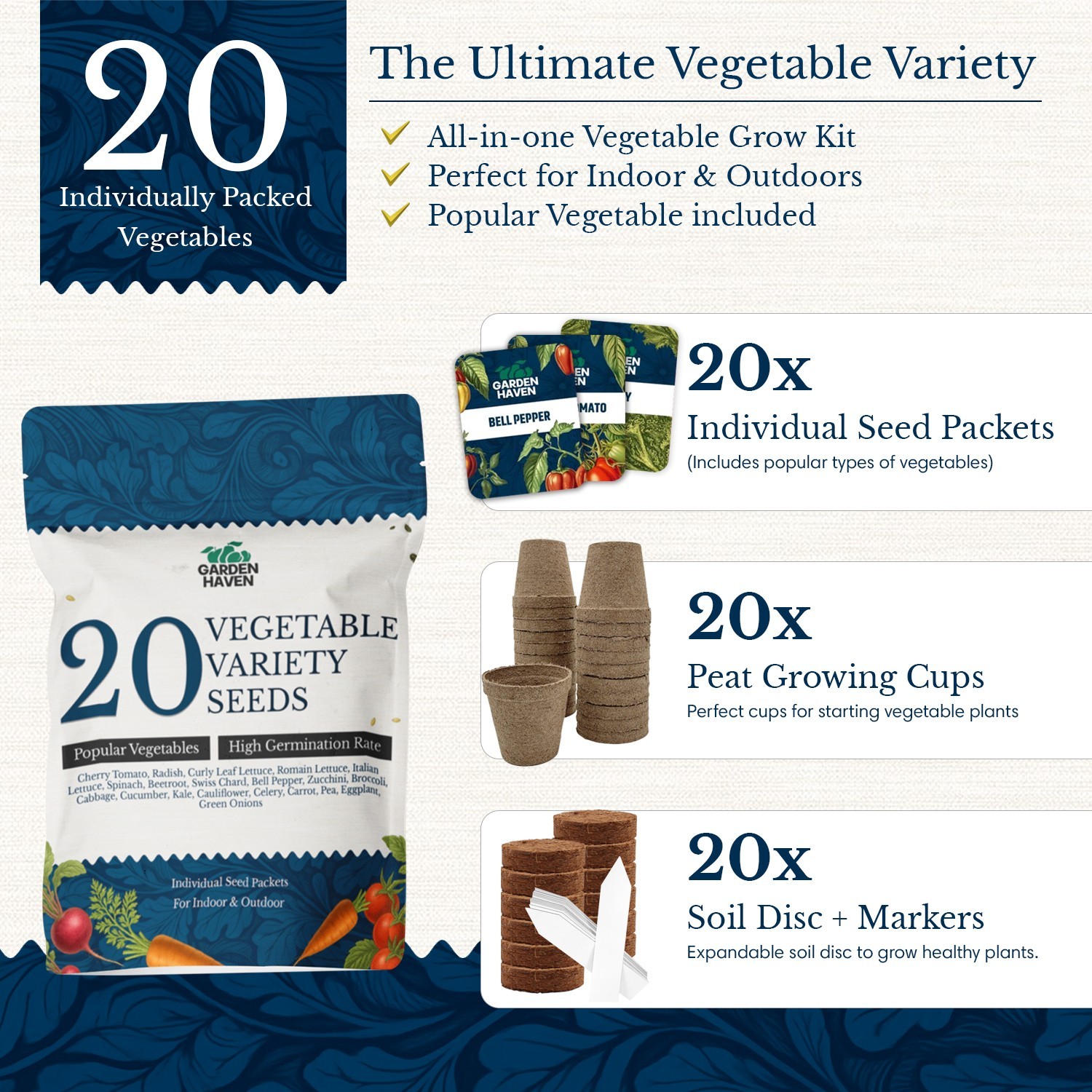 20 Vegetable Seeds Variety Pack Complete Grow Kit Indoor Outdoors DIY Starter Ki