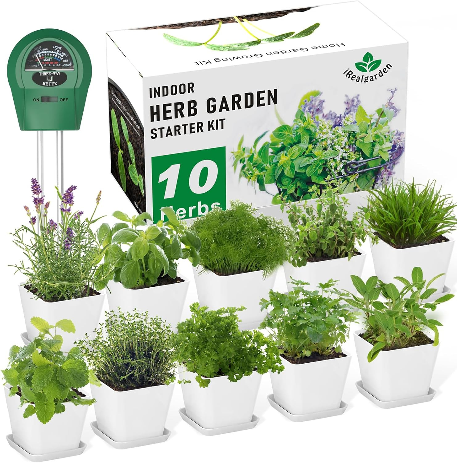 Indoor Herb Garden Kit – 10 Non-Gmo Herb Seeds with Soil, Pots & Moisture Meter