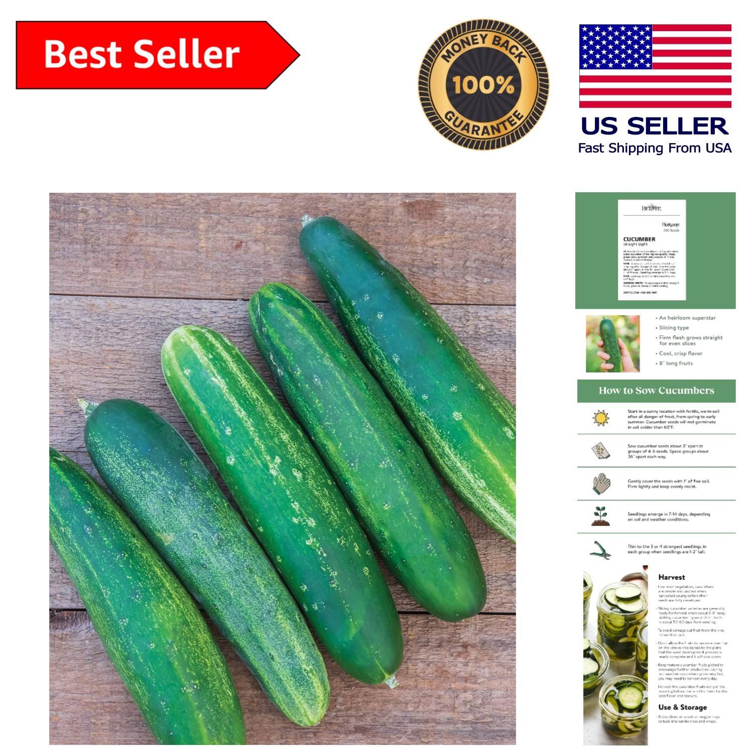 Straight Eight Heirloom Cucumber Seeds – 200 Non-GMO, Organic & Easy to Grow