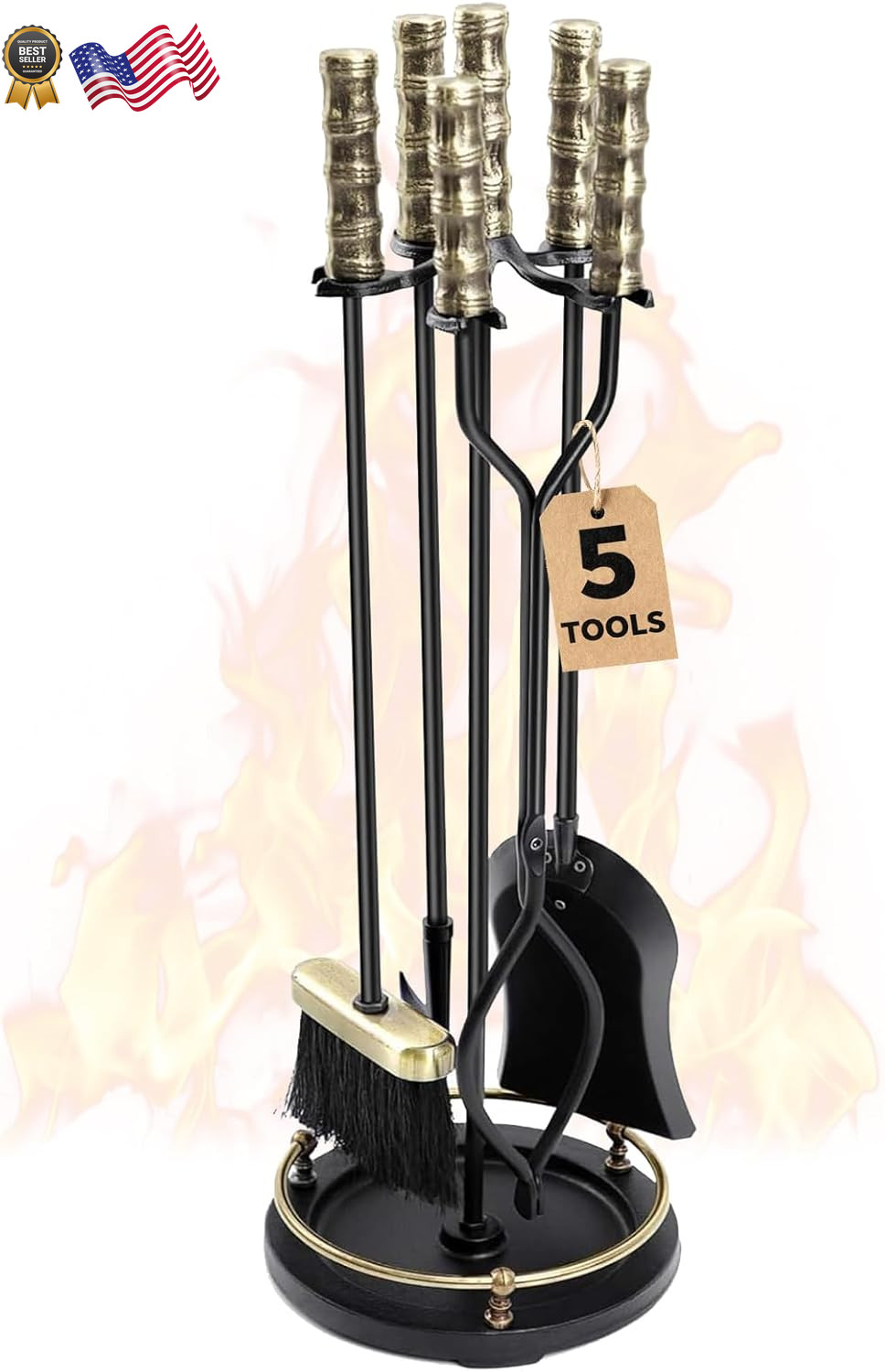 Fireplace Tools Set 5 Pcs Wrought Iron Indoor with Stand for Fire Place Kit NEW