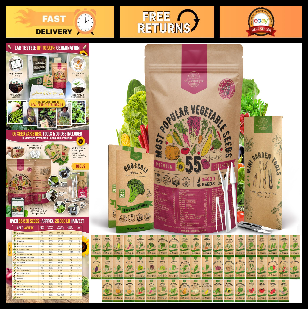 55 Vegetable Seeds Variety Pack – 35,600+ Non-GMO Heirloom Seeds for Home Garden