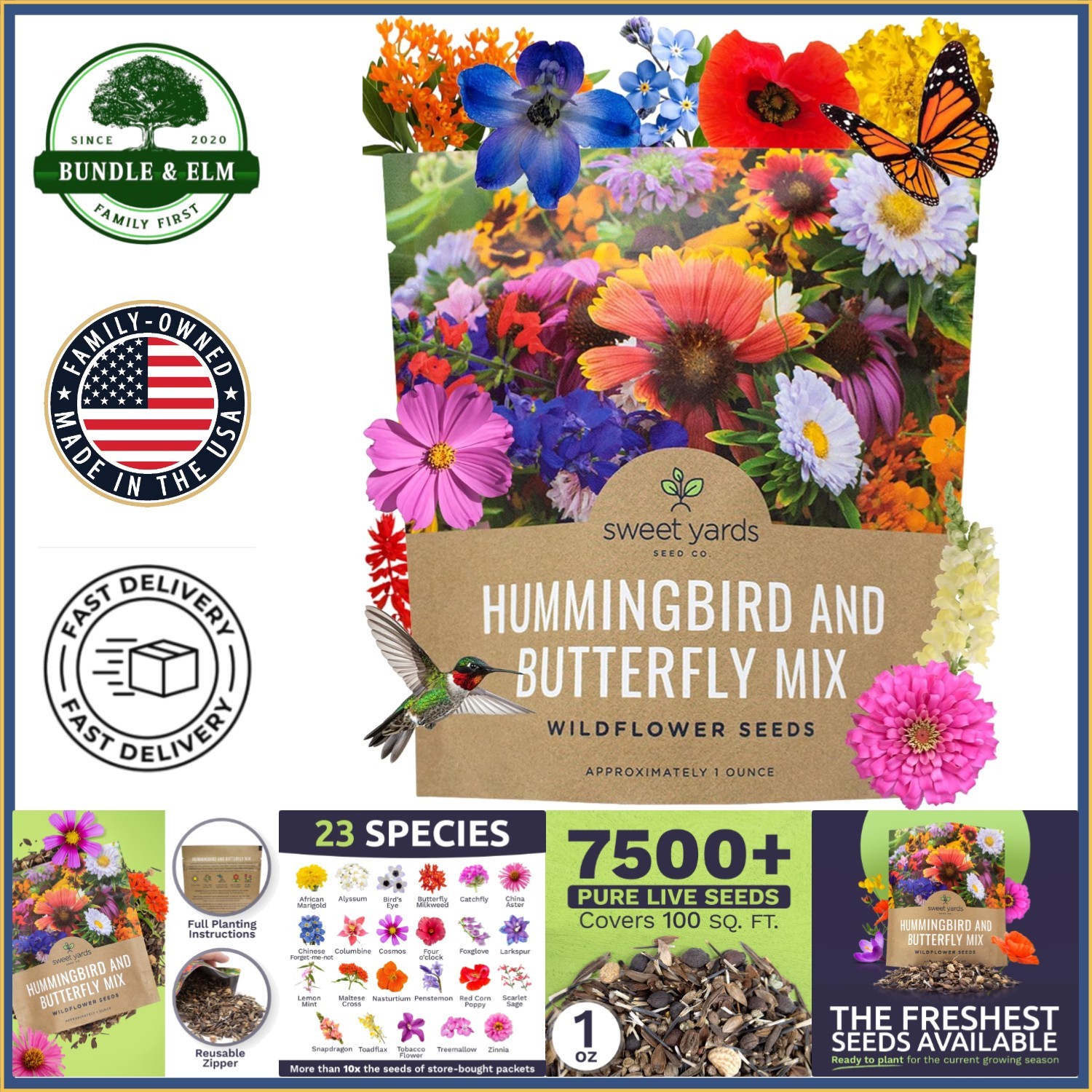 Wildflower Seeds Mix for Butterflies & Hummingbirds – 1 Ounce Packet 7500+ Seeds