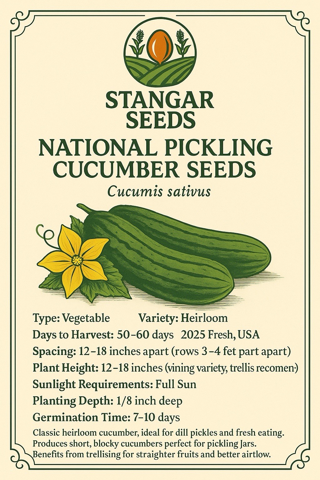 National Pickling Cucumber Heirloom 25 Seeds Dill Pickles USA 2026