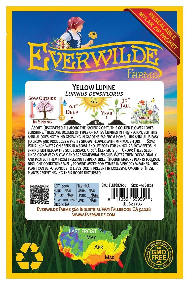 50 Yellow Lupine Wildflower Seeds – Everwilde Farms Mylar Seed Packet