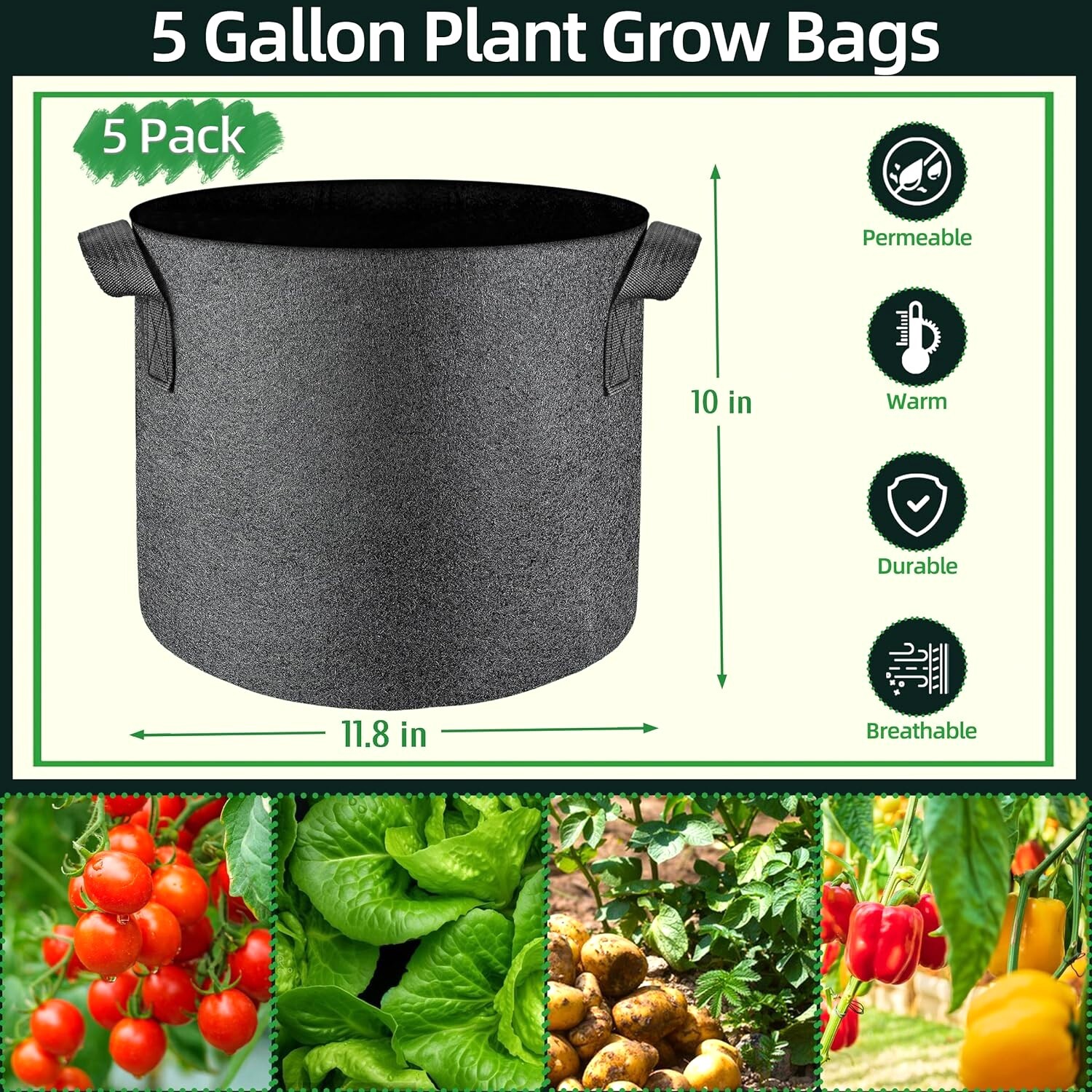 5 Pcs Grow Bags 5 Gallon Plant Grow Bags Multi-Purpose Nonwoven Fabric Pots