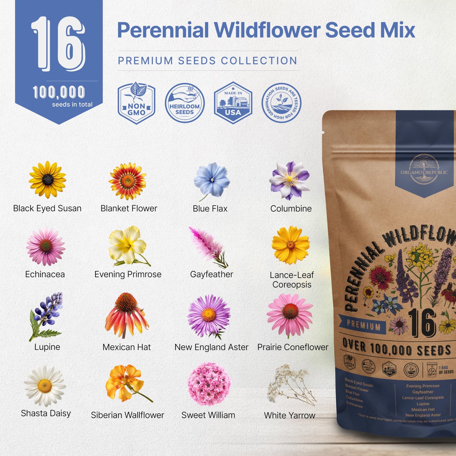 16 Perennial Wildflower Seeds Mix for Indoor & Outdoors. 100,000+ Non-GMO, He…