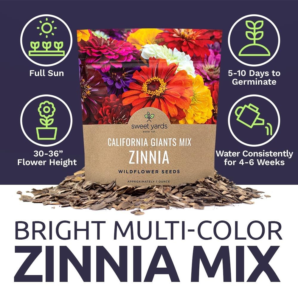 California Giants Zinnia Seeds – 1oz Packet, 3,000 Flower Seeds, Mixed Colors, L