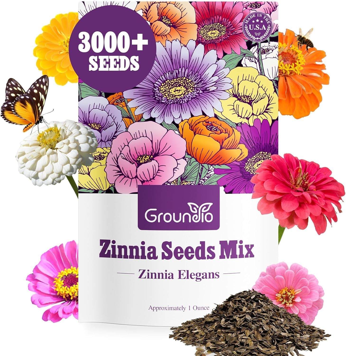 Zinnia Seeds Mix, 1 Oz, Over 3,000 Flowers Seeds, 5 Varieties Pink, Yellow, O…