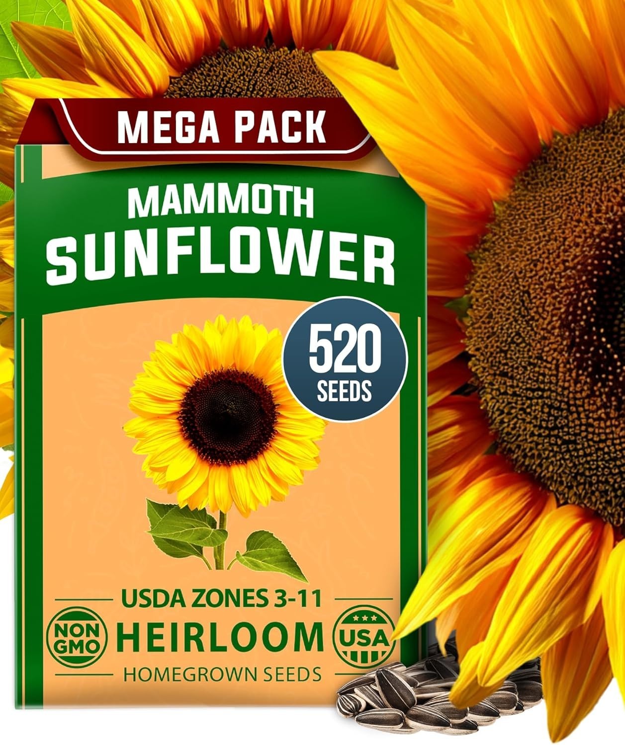 Giant Mammoth Sunflower Seeds 520+ Heirloom Non-GMO Pack for Planting Garden