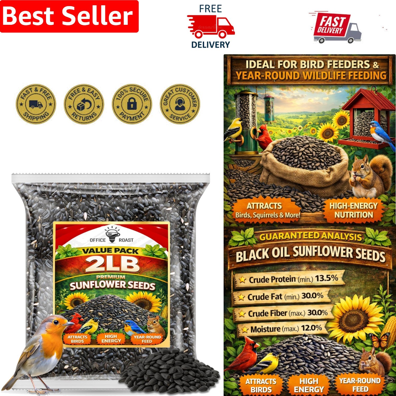 100% Natural 2 LB Black Sunflower Seeds – Attract More Birds to Your Feeder