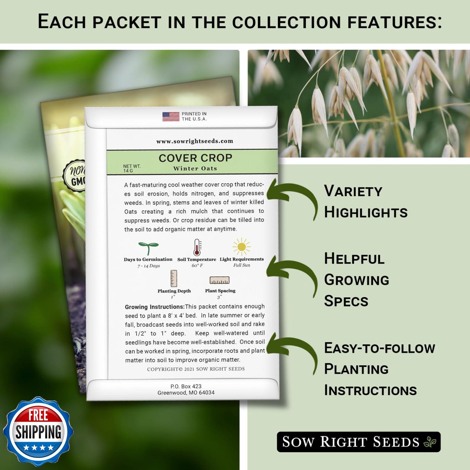 Sow Right Seeds – Cover Crop Collection for Planting – 9 Packets of Popular a