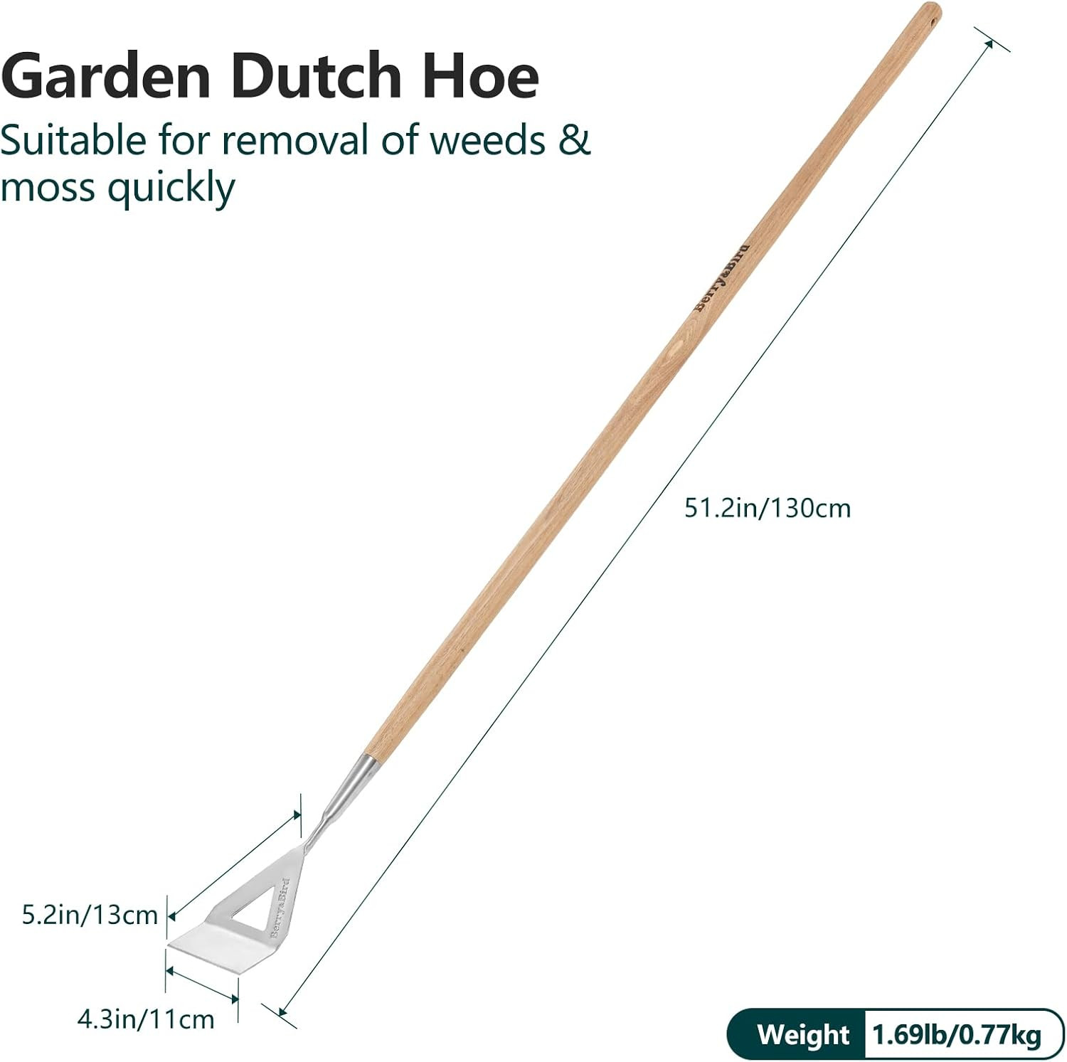 Dutch Hoe, Stainless Steel Head with Wooden Handle Weeder, Women Heavy Duty Gard