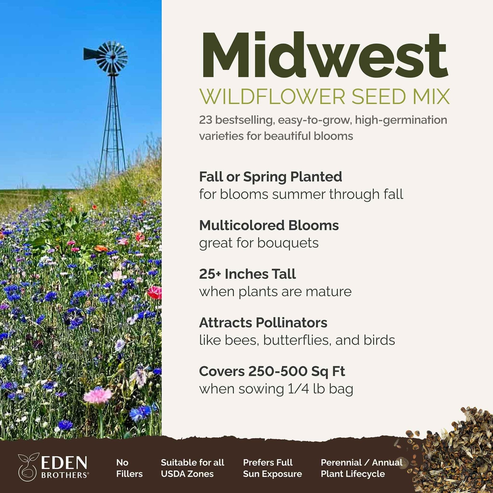 Eden Brothers Midwest Wildflower Mixed Seeds for Planting, 1/4 lb, 120,000+ S…