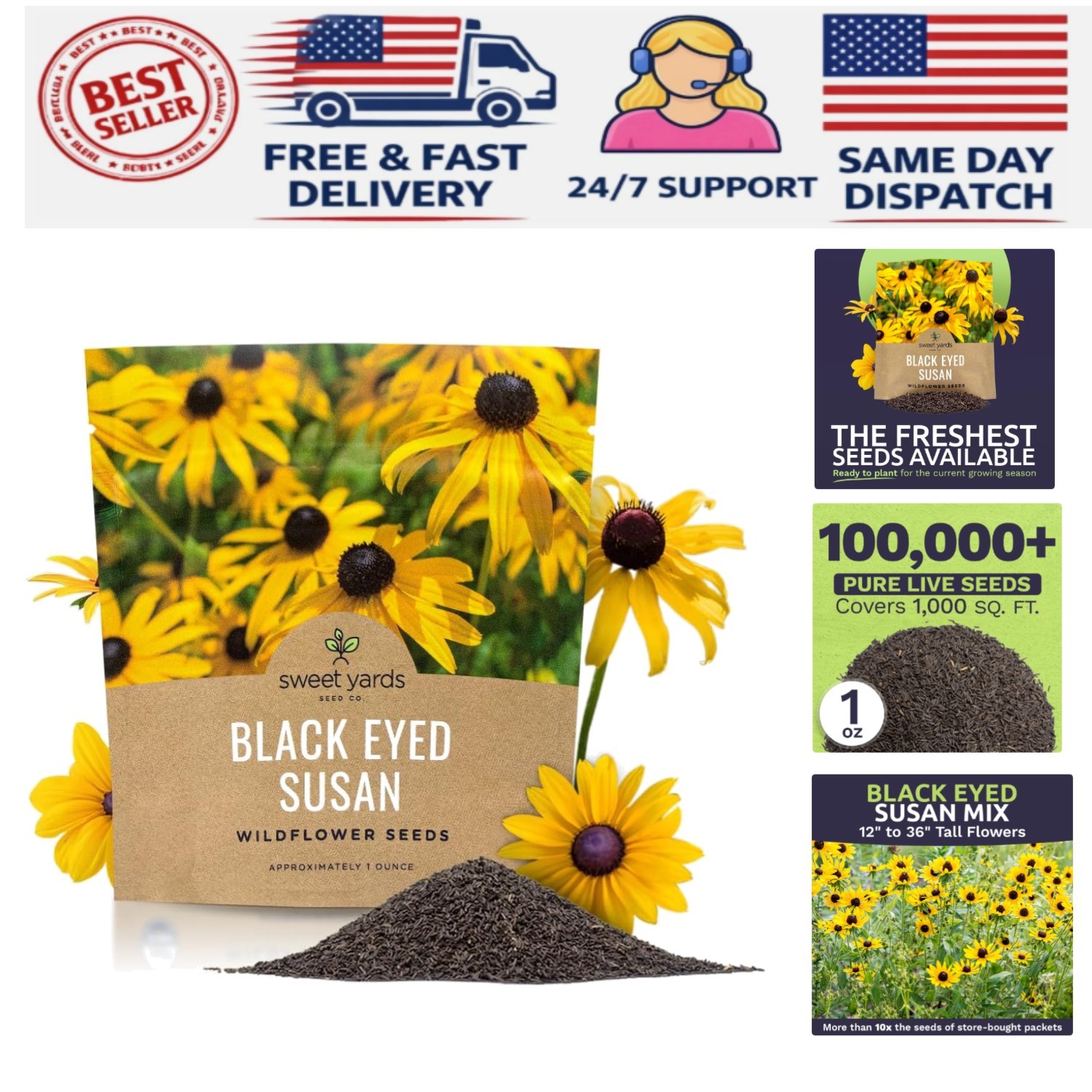 1 Oz Black Eyed Susan Seeds – Vibrant Yellow Wildflowers for Butterfly Gardens