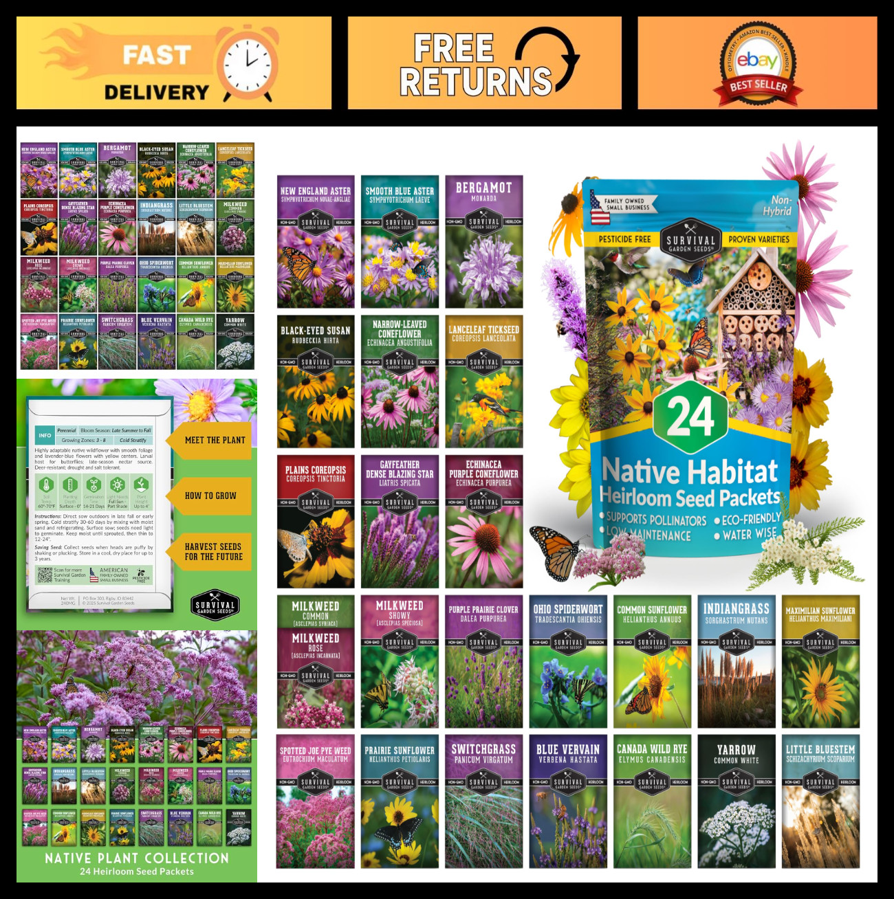 Wildflower Seeds Variety Pack – 24 Non-GMO Perennial & Annual Flowers for Pollin