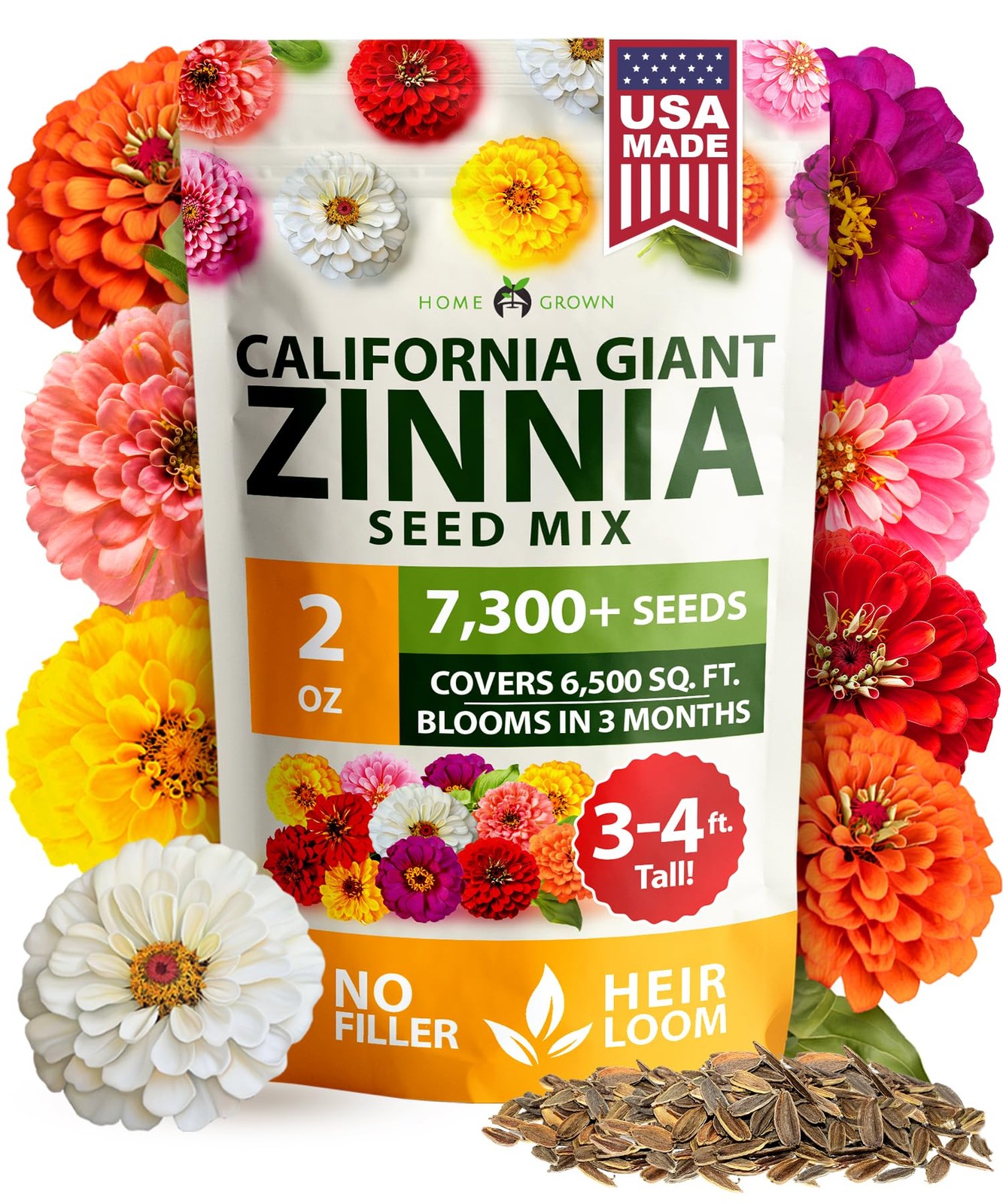 HOME GROWN Zinnia Seeds for 2026 – California Giant Mix – 1-Pack, Multi