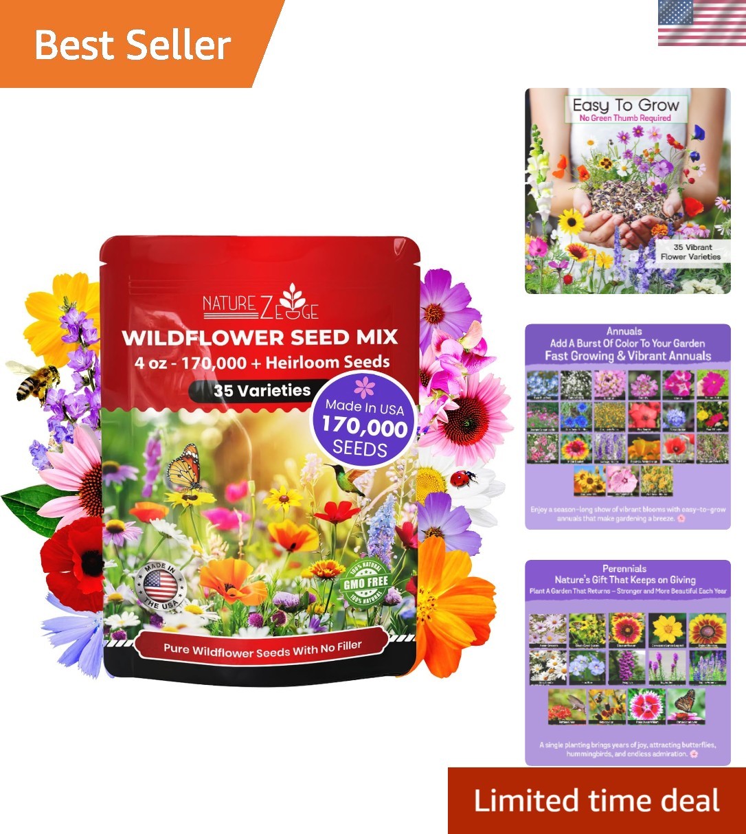 Wildflower Seeds Mix – 1/4 lb, 170,000 Seeds, 35 Variety Perennial & Annual F…