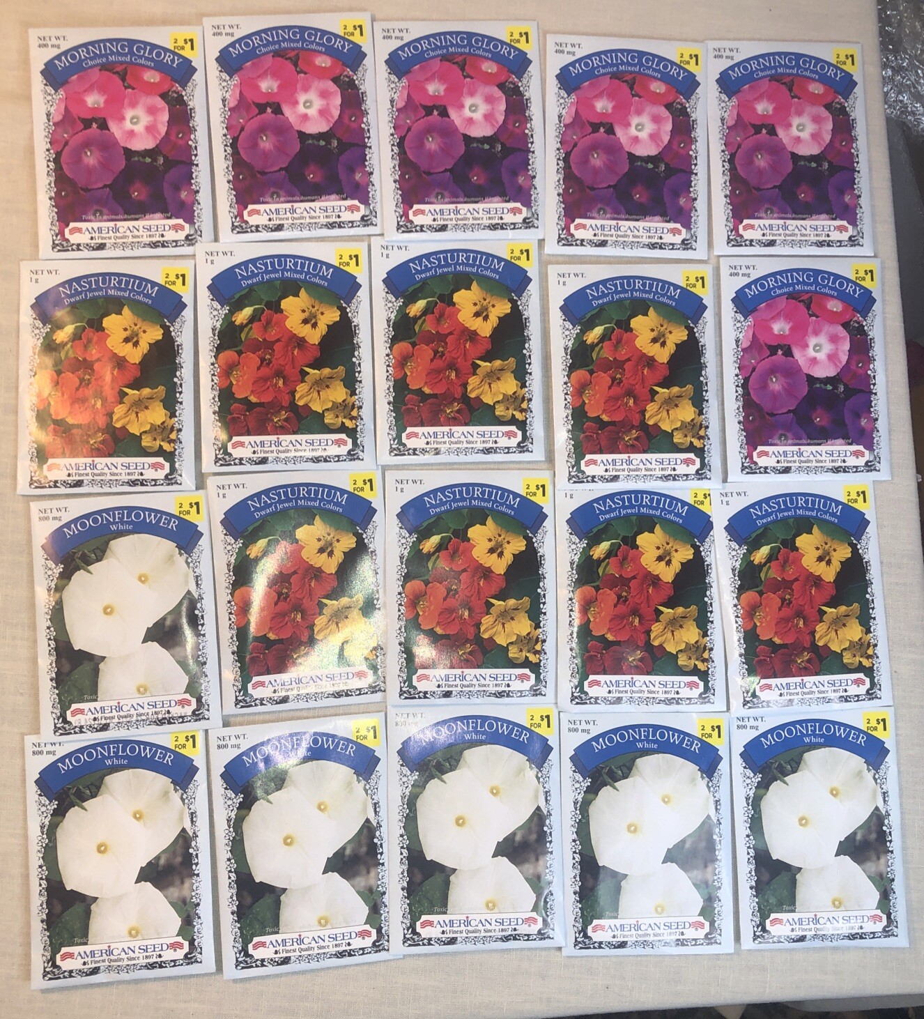 20 Packs Of Flower Seeds- 6 Moonflower, 8 Nasturtium, 6 Morning Glory-2024 seed