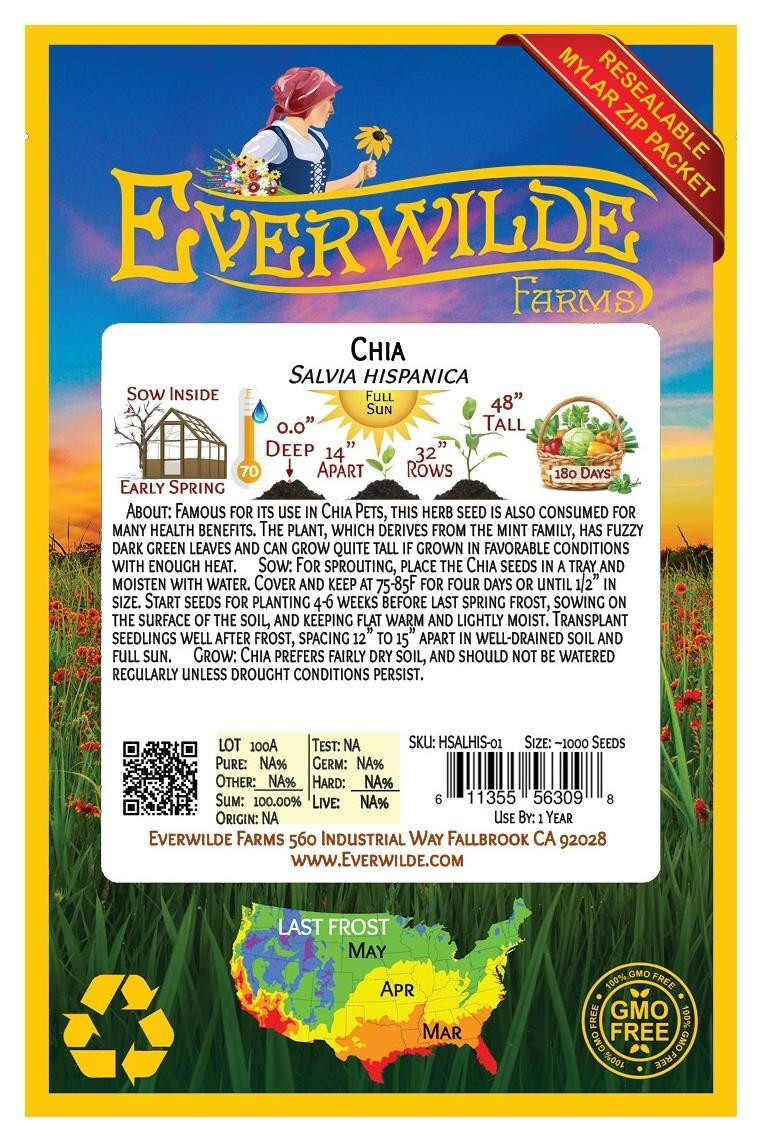 1000 Chia Herb Seeds – Everwilde Farms Mylar Seed Packet