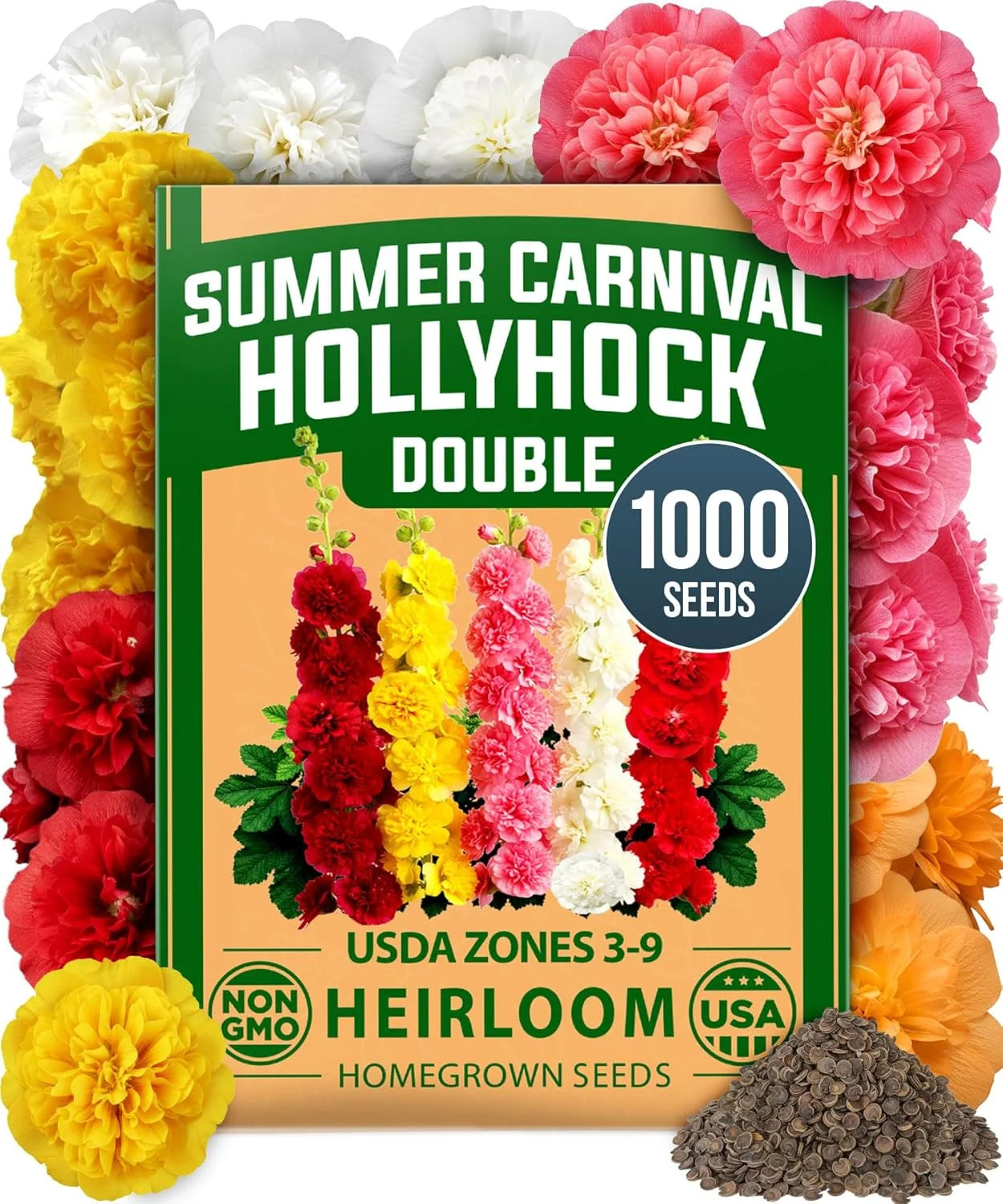 HOME GROWN Hollyhock Summer Carnival Mix Flower Seeds – Alcea Rosea, Premium Ann