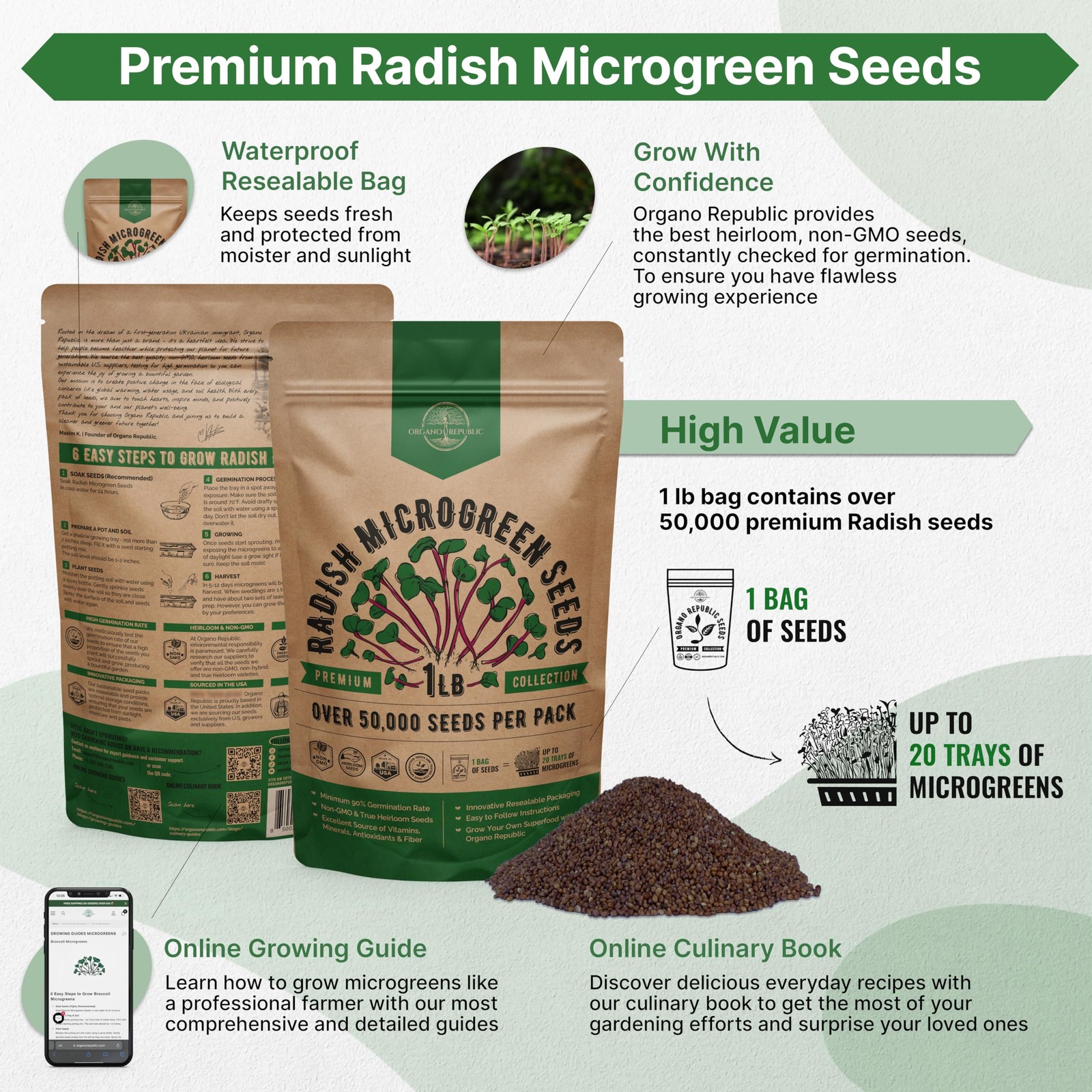 NonGMO Radish Microgreens Seeds Kit 1lb Resealable Bag for Growing
