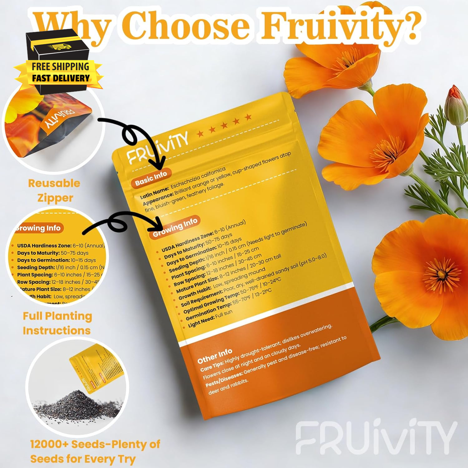 California Poppy Seeds (0.35Oz – 10,000+ Seeds) – Orange State Flower – Eschscho