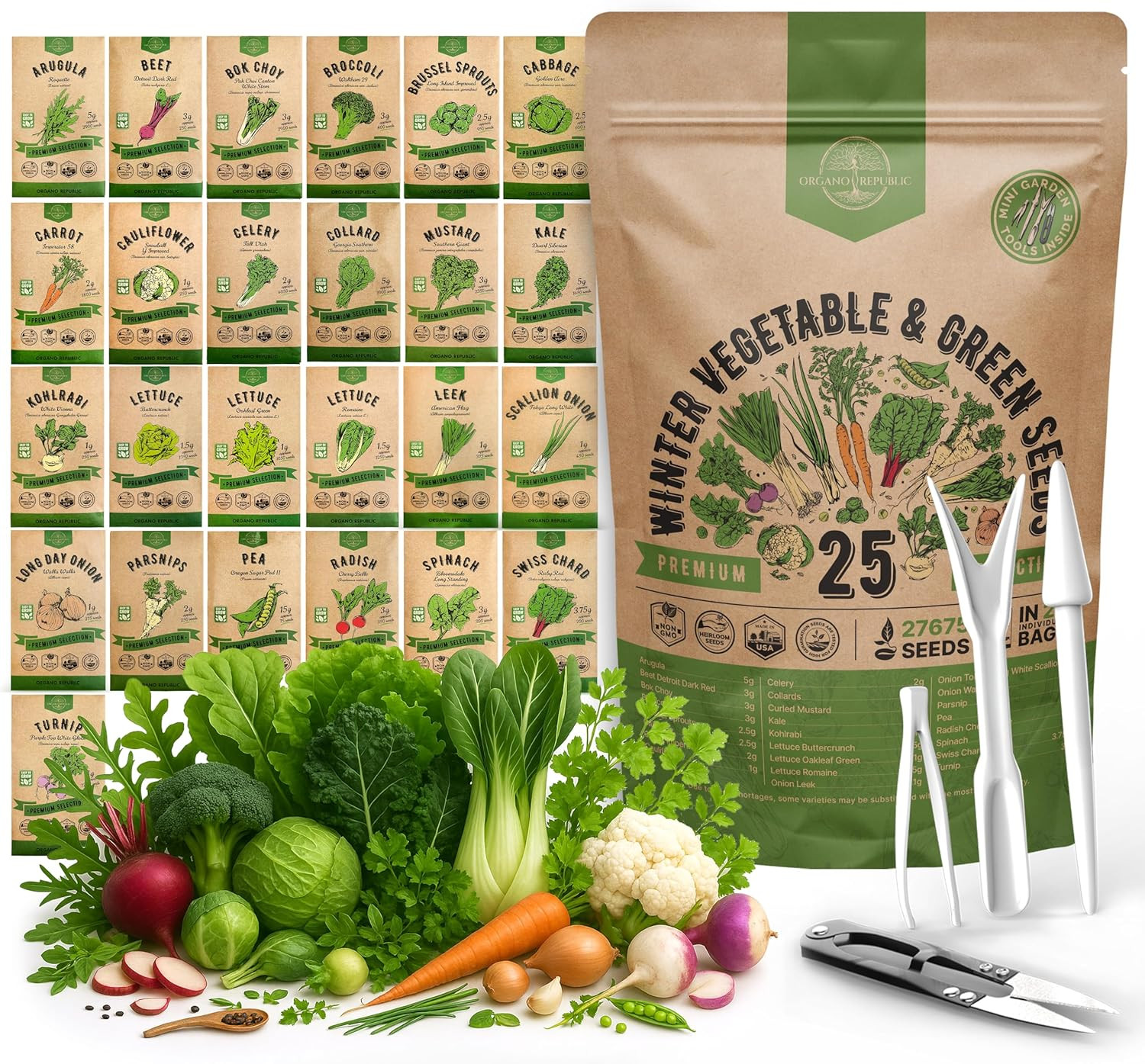 25 Winter Vegetable & Green Seeds Variety Pack for Outdoors & Indoor Home Garden