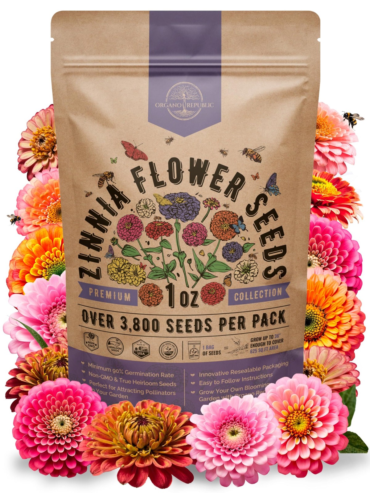 Zinnia Seeds Pack 1 oz – Over 3,800 Non-GMO Heirloom Zinnia Seeds for Plantin…