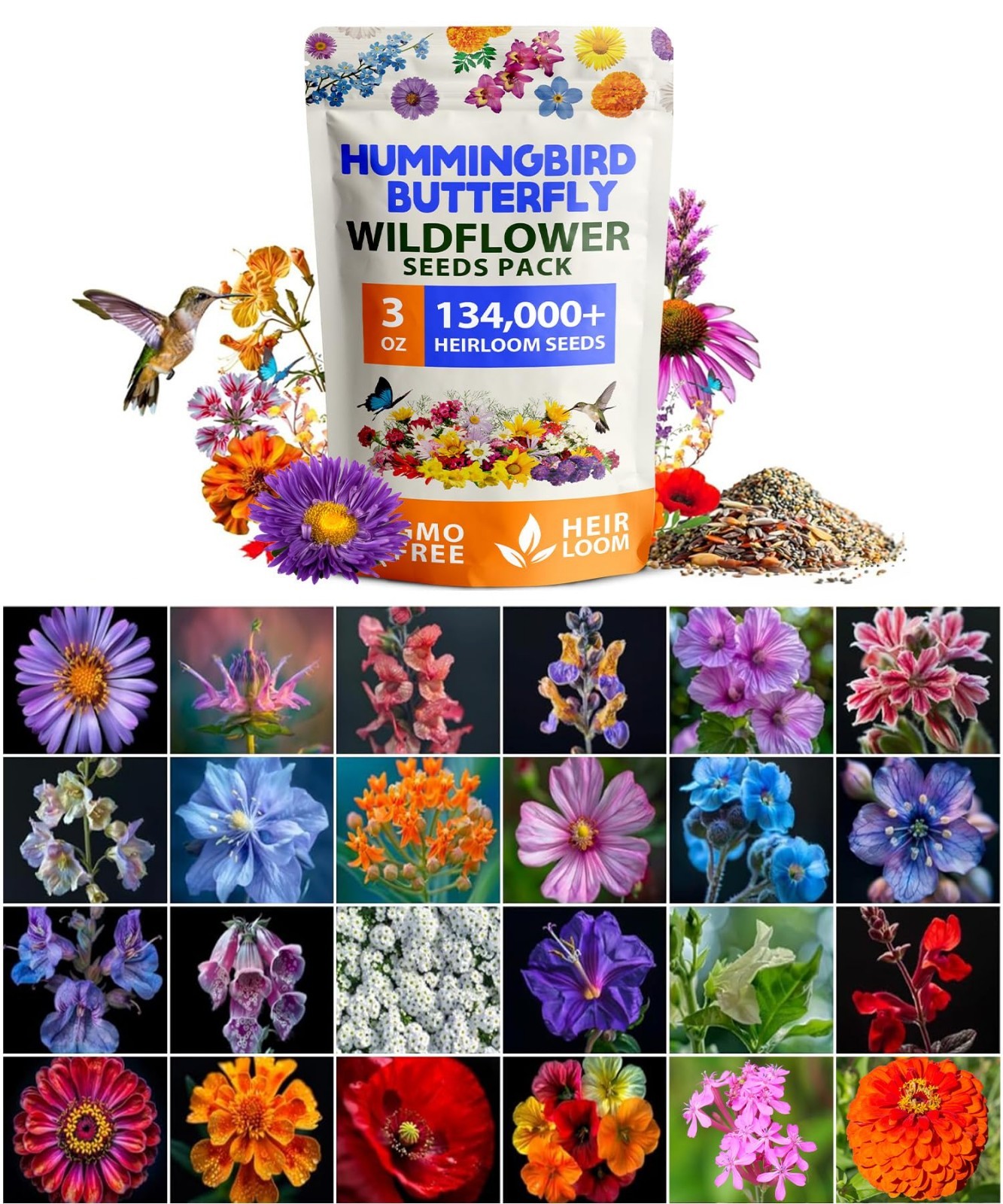 Premium Wildflower Seeds Bulk Mix | 134,000+ Non-GMO Native Flower Seeds | 23 Va