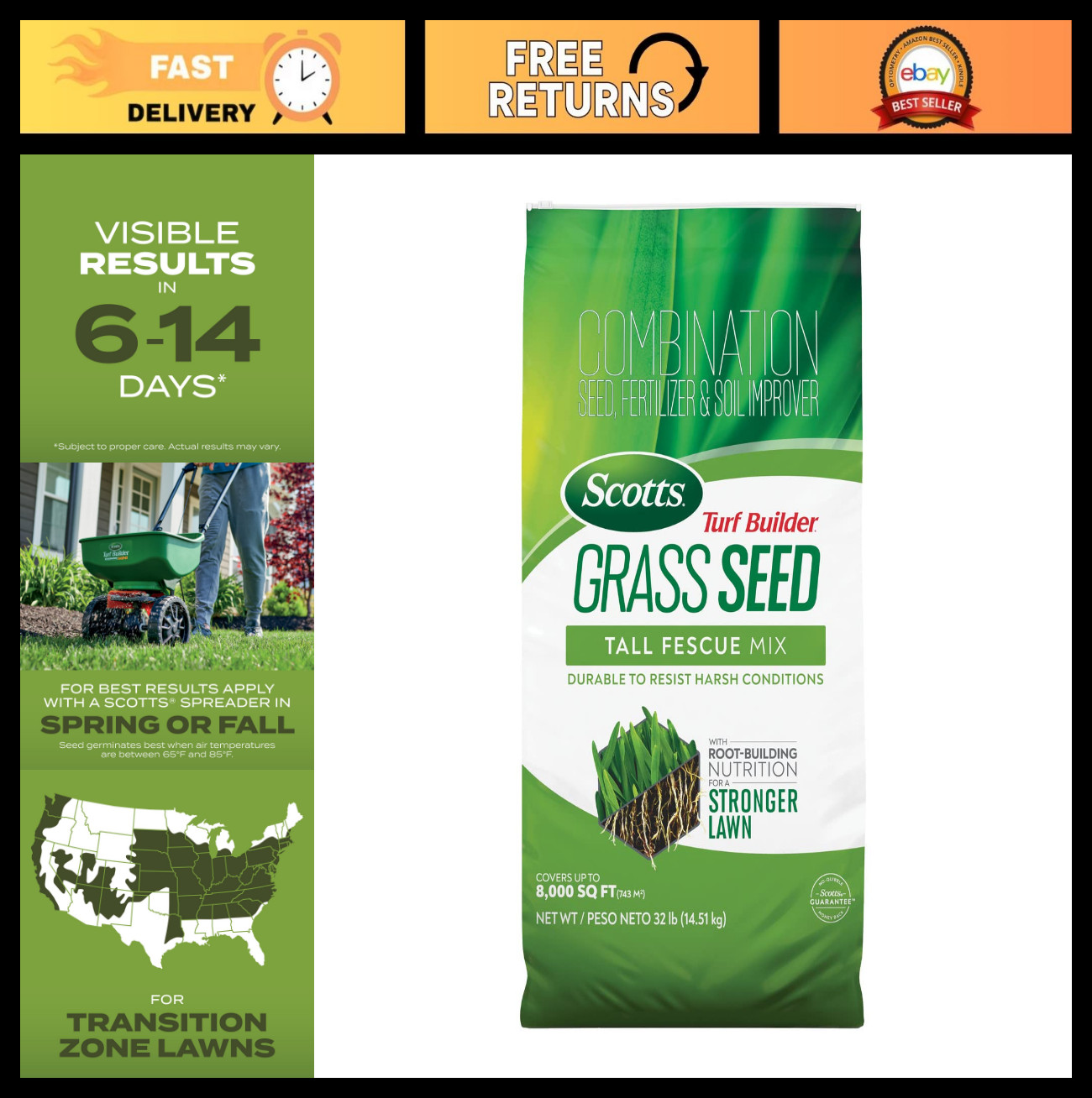 Tall Fescue Grass Seed Mix 32 lbs – Durable Lawn Seed, Covers 8,000 sq ft, Soil